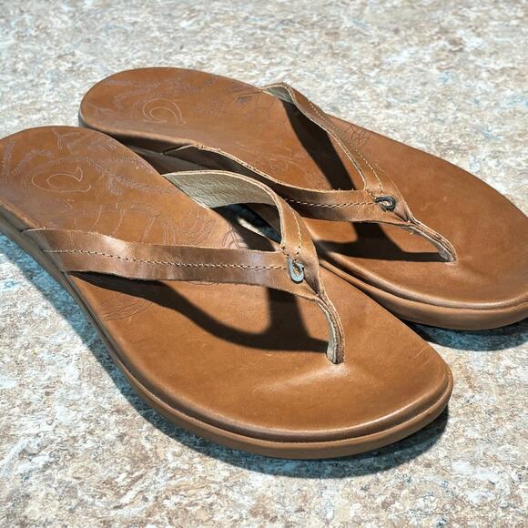 Olukai Women's Honu Brown Leather Strappy Flat Flip Flops Size 9 - Picture 3 of 9